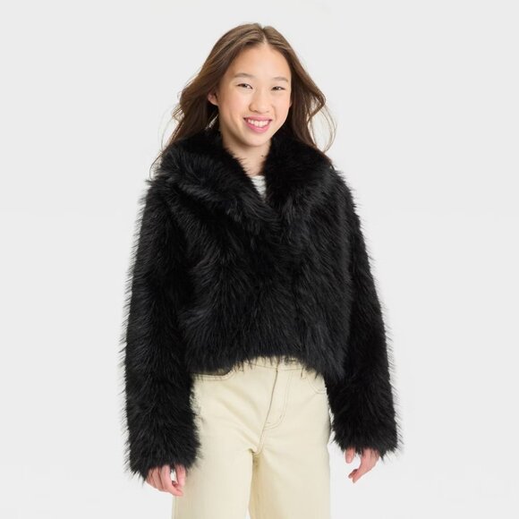 NEW Girls' Short Faux Fur Jacket - art class™ Black S - Picture 1 of 7